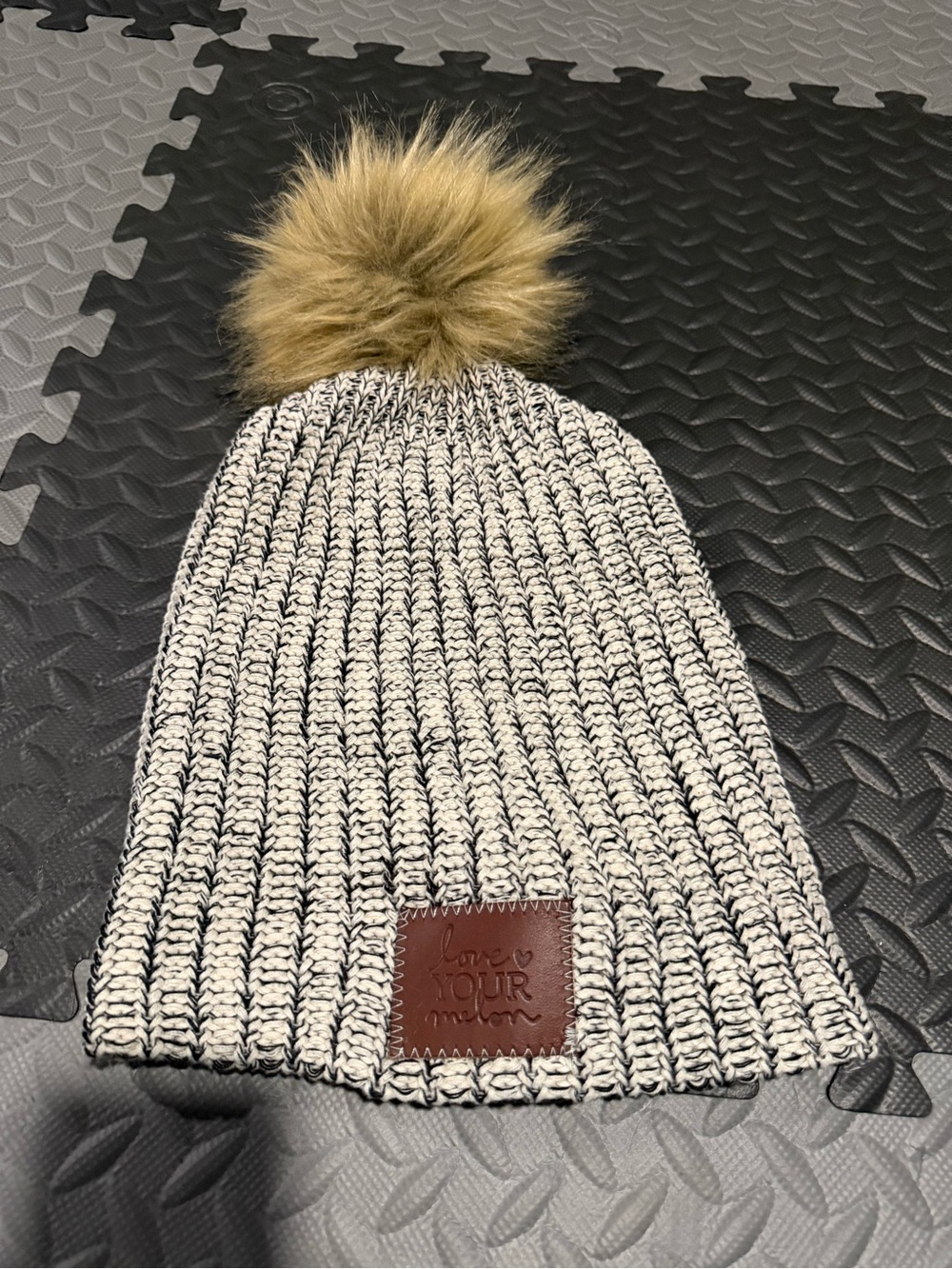 Love Your Melon Cream & Black Ribbed Beanie with Faux-Fur Pom